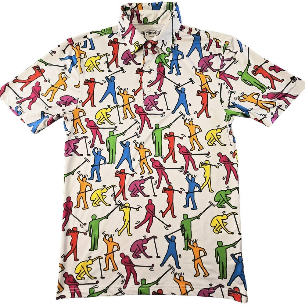 Royal & Awesome‎ Polo Shirt Mens M White Short Sleeve Collared Graphic Print